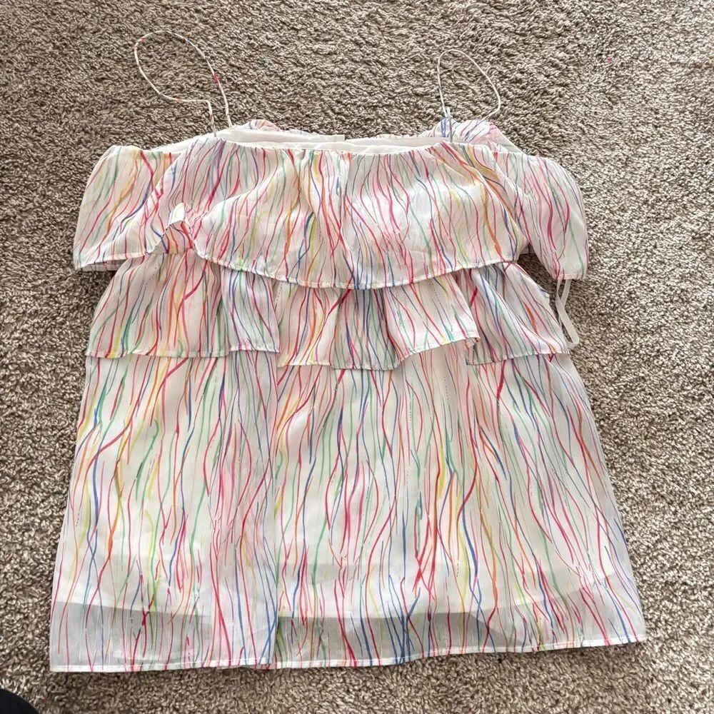 Julie Brown Tier Ruffle Stripe Top Rainbow Metallic Sheer Spaghetti Strap Medium